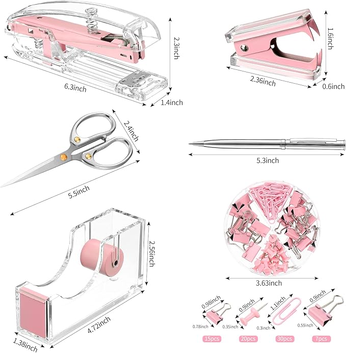 Office Supplies Set Desk Accessory Kit, Acrylic Stapler Set Staple Remover, Tape Dispenser, Binder Clips, Paper Clips, Ballpoint Pen and Scissor with 1000 Pieces 26/6 Staples (Pink)
