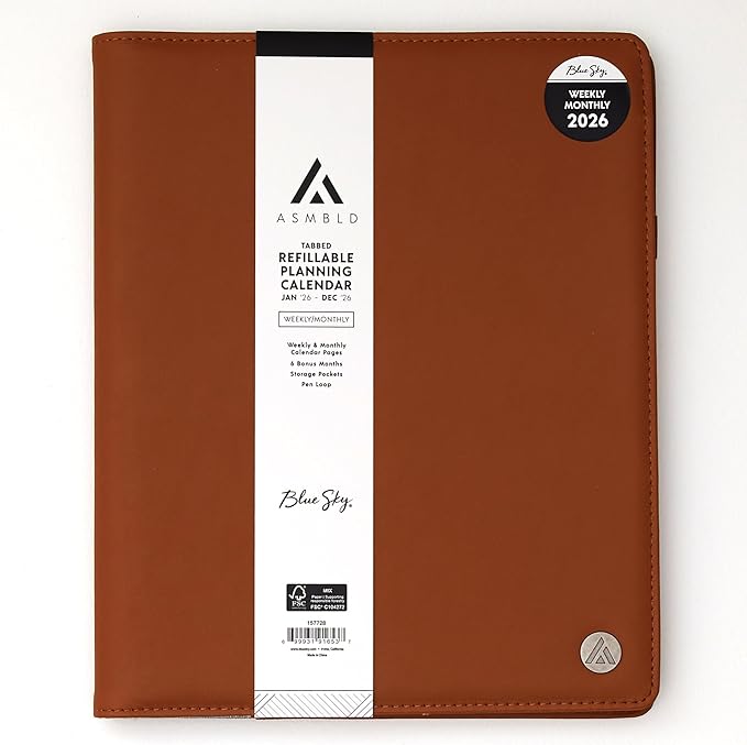 Blue Sky ASMBLD 2026 Weekly and Monthly Planner Calendar, January 2026 - December 2026, 8.5" x 11", Faux Leather Cover, Durable Twin Wire Binding, Storage Pocket, Laminated Tabs, Refillable, Pen Loop, Tan