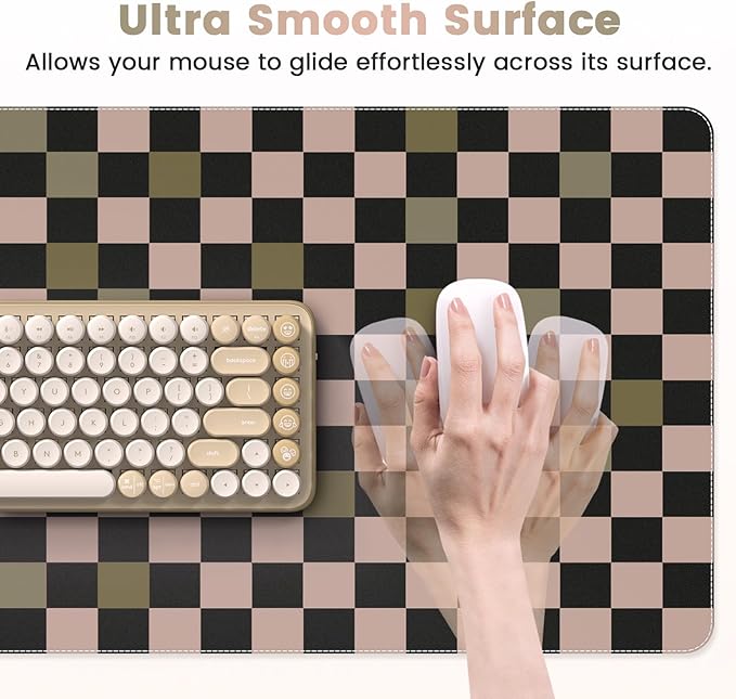 HAOCOO Checkered Desk Mat, Non-Slip Mouse Pads for Desk, Waterproof Desk Matt for Desktop, Stitched Edge Leather Desk Pad, 35.4" x 15.7" Keyboard and Mouse Pad, Non-Slip Desk Protector Work from Home