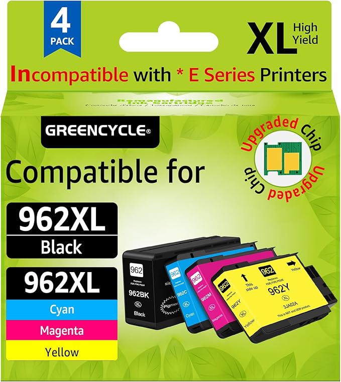 Upgraded 962XL Ink Cartridges Combo Pack Replacement for HP 962XL 962 XL High Yield Black & Color Ink Cartridge Set Work for HP OfficeJet Pro 9010, 9020 Series Printer (1BK/1C/1M/1Y, 4 Pack)