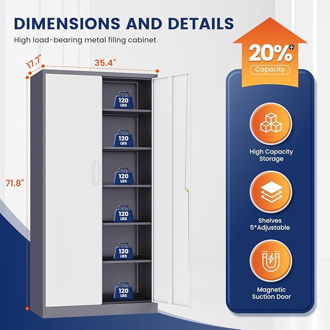 Yizosh Metal Storage Cabinet with 2 Locking Doors and 5 Adjustable Shelves, 72" Garage Storage Cabinet Steel Lockable for Office,Home,Garage