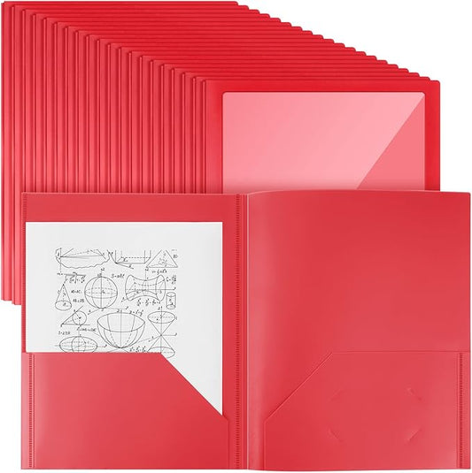 Teling 24 Pcs Plastic Folders with Front Clear Pocket and Business Card Holder 2 Pocket Heavy Duty Folders Plastic Letter Size Paper for Business School Office Supplies (Red)