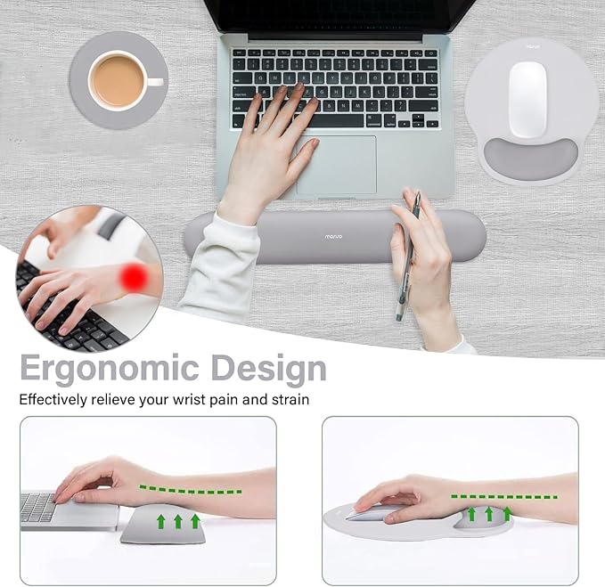 MOSISO Wrist Rest Support for Mouse Pad&Keyboard Set, Circle Curved Ergonomic Mousepad&Coaster Non-Slip Base Home/Office Pain Relief&Easy Typing Pad with Soft Cloth&Silicone Lining, Gray