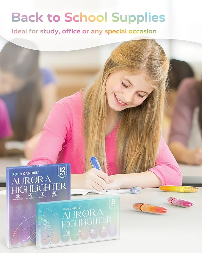 Four Candies 12 Pcs Highlighters Assorted Colors, Cute Pastel Highlighter Set, Dry Quickly, Soft Chisel Tip, No Bleed Bible Highlighter, Aesthetic Highlighters for School, Purple Christmas Gifts