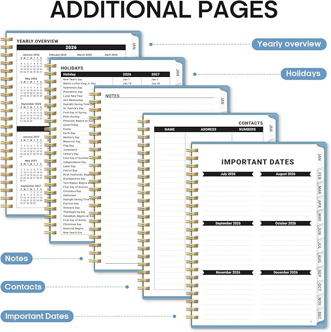 2026 Planner, Weekly and Monthly Calender Planner, Jan 2026 to Dec 2026, Hardcover 2026 Calendar Planner Book with Tabs & Inner Pocket, Office Home School Supplies for Women & Men - A5 (6.3" x 8.5"), Blue