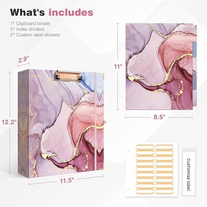 Ospelelf 3 Ring Binder, 2 Inch Letter Size (11" x 8.5") with 5 Tab Dividers, File Folder Labels and Low Profile Clipboards, Pink Marble Binder for School and Office Supplies