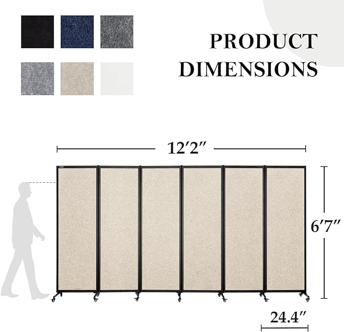 Upgrade Version Room Partition and Divider, Freestanding Rolling Dividers with Wheels,Office Privacy Screen Divider Wall,Classroom Felt Dividers,12'2"L* 6'7"H,6 Panel，Beige