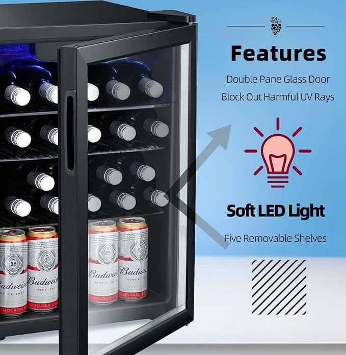 Antarctic Star 24 Bottle Wine Cooler Beverage Refrigerator Small Mini Wine Cellar Beer Soda Clear Glass Door Bar Fridge Quiet Operation Compressor Adjust Temp Control Freestanding, 2.5 Cu. Ft