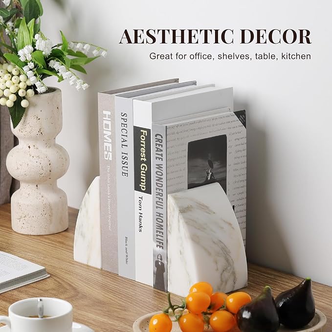 Koville Marble Bookends for Shelves, Large Bookends for Heavy Books, Natural Stone Book Stopper for Books CD Movies, Aesthetic Decorative Book Ends (Oriental Calacatta)