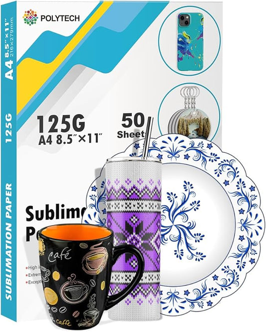Polytech Sublimation Paper, 8.5x11, 50 Sheets, Heat Transfer Paper for All Sublimiation Blanks, For All Sublimation Printer and Ink, For Tumblers, Magnet Blanks, Ceramic Ornaments, Light T-Shirt,125G