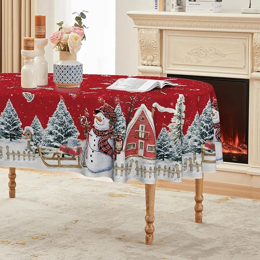 Horaldaily Christmas Tablecloth 60×84 Inch Oval, Winter Snowman House Christmas Trees Red Washable Table Cover for Party Picnic Dinner Decor