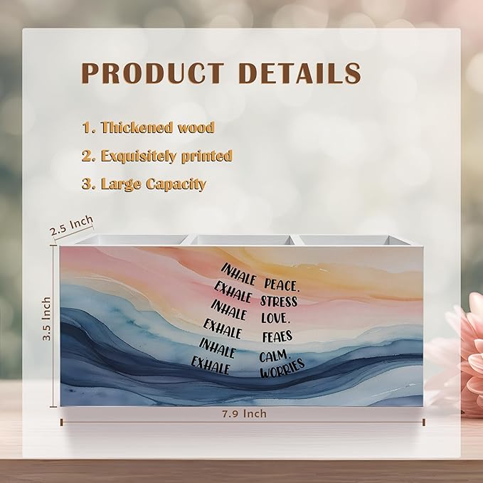 Abstract Mental Health Pencil Pen Holder for Desk, Inhale Peace Exhale Stress Wooden Pencil Holder Organizer for Therapy Office Desk Accessories, School Counselor Office Must Haves