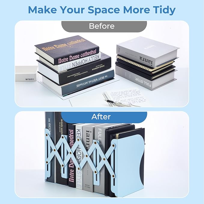 M&G Adjustable Bookends Book Ends for Shelves, Metal Bookend for Heavy Books, Desk Magazine File Organizer Holder Extends up to 20in, Book Stopper for Home, Office, Classroom (Blue)