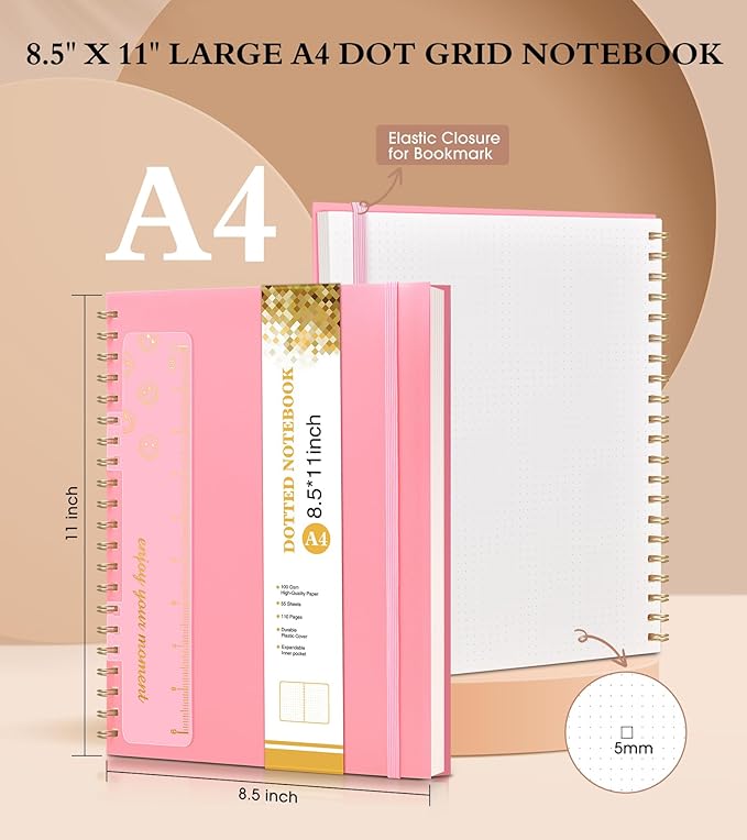 Dotted Notebook, Spiral Notebook Journal 8.5” x 11”, A4 Large Dot Grid Notebooks for Women Men, 100 GSM Dotted Paper, Plastic Hardcover Spiral Bullet Journals for Work School Sketching, Pink