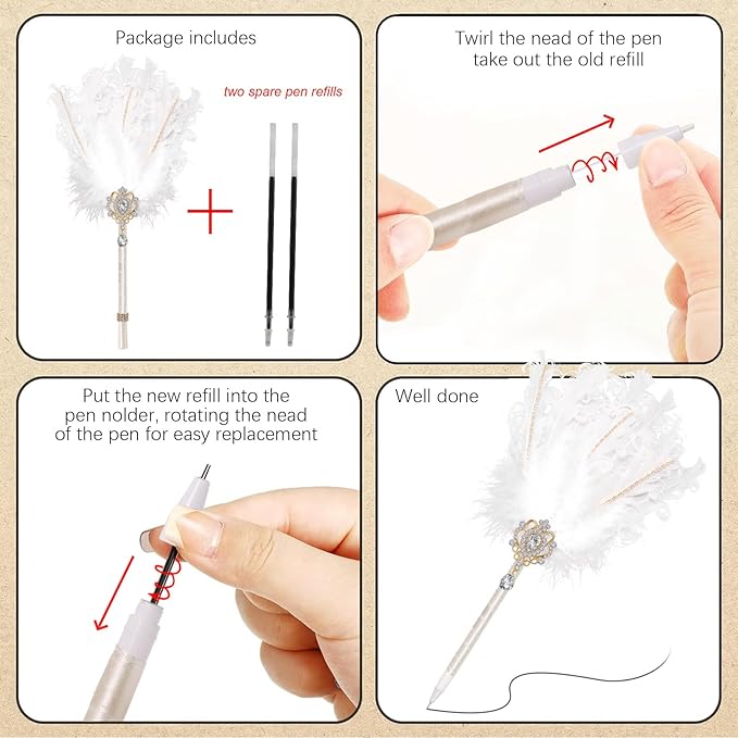 CROWN GUIDE Luxury Feather Quill Pen with Shiny Rhinestones & Curled Goose Feathers- Wedding Guest Book Pen, Great Gatsby/HP Party Supplies, Bridal Shower Gift with Rose Gold Heart Charm (13.8",Pink)