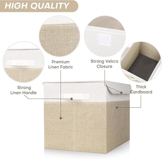 Large 22 Quart Linen Fabric Foldable Storage Bin Cube Organizer Basket with Flip-Top Lid & Handles, Clothes Blanket Box for Home, Office, Closet, Beige & White, 4 Pack 14.6 x 9.5 x 9.5”