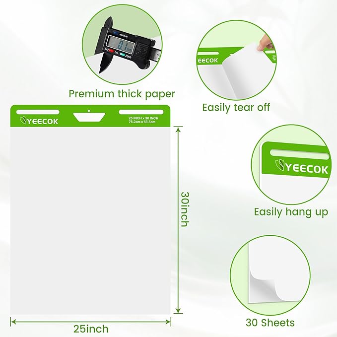 Sticky Easel Pad 25 in x 30 in, 30 Sheets/Pad, 4 Pads/Pack, Sticky Flip Chart Paper for Teachers, Super Sticking Power & Bleed-Resistant