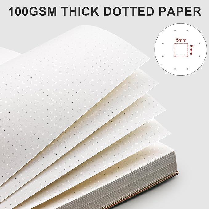 AHGXG Bullet Dotted Journal - 320 Pages Dot Grid Notebook B5 Large Journal, 7.6'' X 10'', 100gsm Thick Dotted Paper, Leather Softcover, with Journal Stencils, Inner Pocket - Yellow