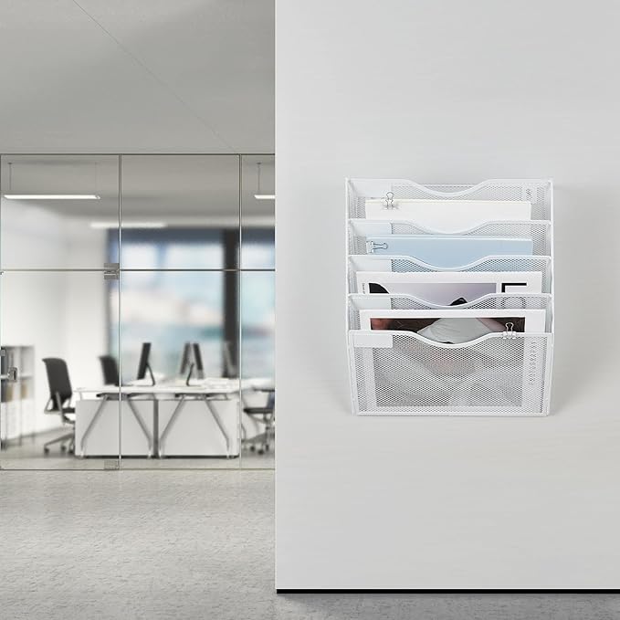 Hanging Wall File Organizer with Office Assorted, 5 Pockets Mesh Wall Mounted File Folder Holder for Mail, Paper, Document, Binder, Magazine, Menu (White)