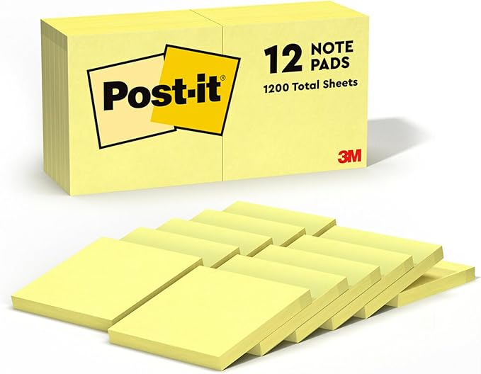 Post-it Notes 3x3 in, 12 Pads, America's #1 Favorite Sticky Notes, Canary Yellow, Clean Removal, Recyclable (654)