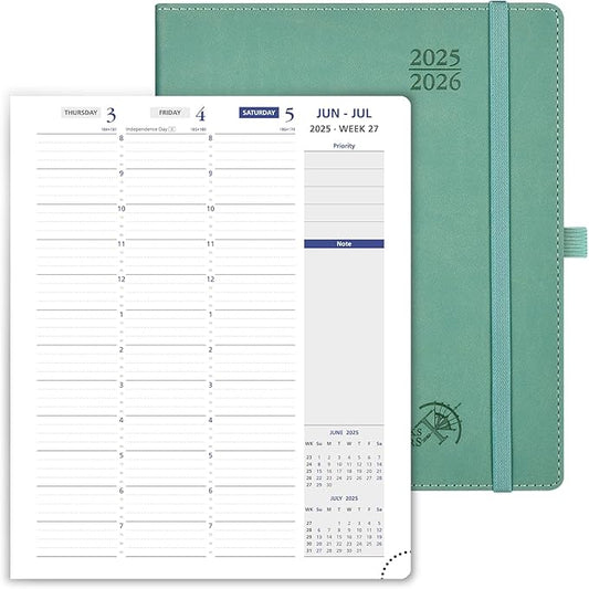 POPRUN Weekly Planner 2025-2026, 7.25'' x 8.5'', 15-Minute Hourly Appointment Book (July 2025-June 2026) with PU Leather Softcover, Monthly Tabs, Inner Pocket - Midnight Green