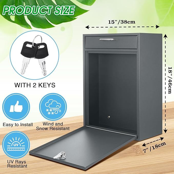 Locking Mailbox with Key for Outdoor 18 x 15 x 7 Inches Large Wall Mount Mail Box with Lock Security Mail Drop Metal Collection Boxes Hanging Secure Postbox(Dark Gray)