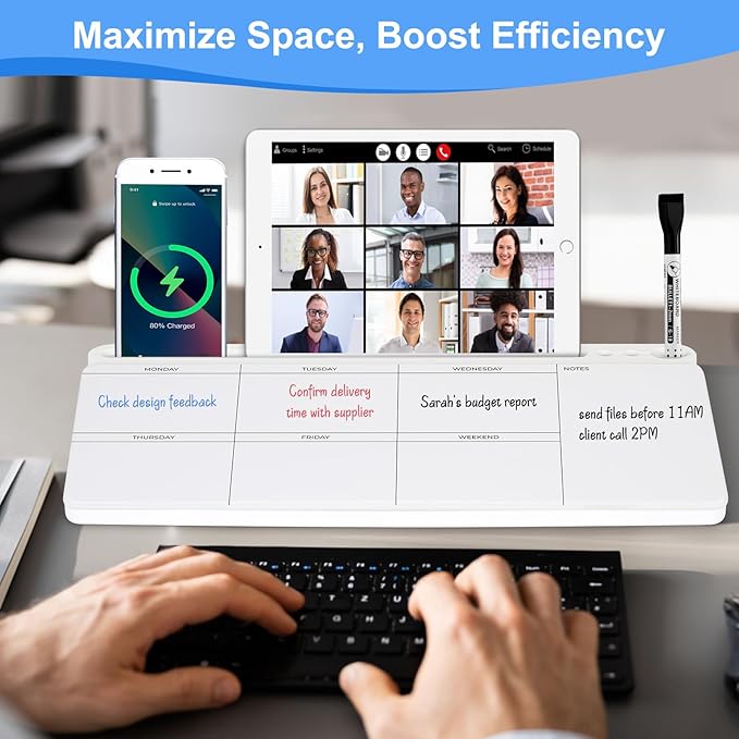 Desktop Glass Whiteboard with Storage, Weekly Calendar Desk Dry Erase White Board, Desk Organizers and Accessories, Weekly Planner Board for Planning, Memo, Note, Office, Home, College, School - White