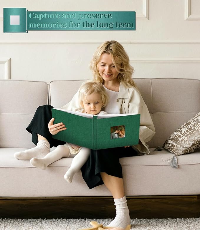 Photo Album Self Adhesive Scrapbook Album for 3x5 4x6 5x7 8x10 Pictures,120 Pages Linen Cover with Display Window DIY Photo Book,Ideal Gifts for Family Travel Wedding Baby