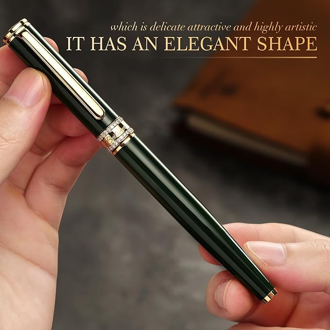 BEILUNER Green Lacquer Rollerball Pen, Diamond-Studded Cap Design, 24K Gold Trim, Noble and Elegant, Schneider Ink Refill, Best Pen Gift Set for Women & Men, Professional, Business Office, Nice Pens