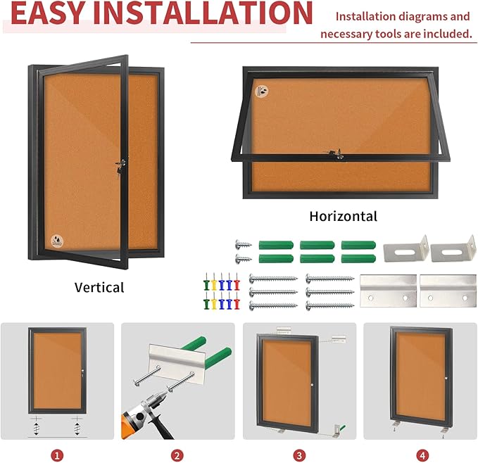 Enclosed Bulletin Board,Outdoor Weatherproof Cork Noticeboard with Locking Door, Wall-Mounted Black Aluminum Frame,Display Case Message Board for Office Home,36x24 Inch (5xA4)