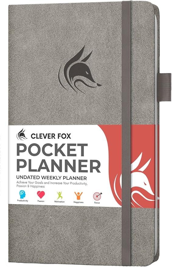 Clever Fox Pocket Planner Weekly – Undated Monthly Goal Planner and Calendar, Mini Planner Perfect for Purse, 3.7x6.7" (Gray)