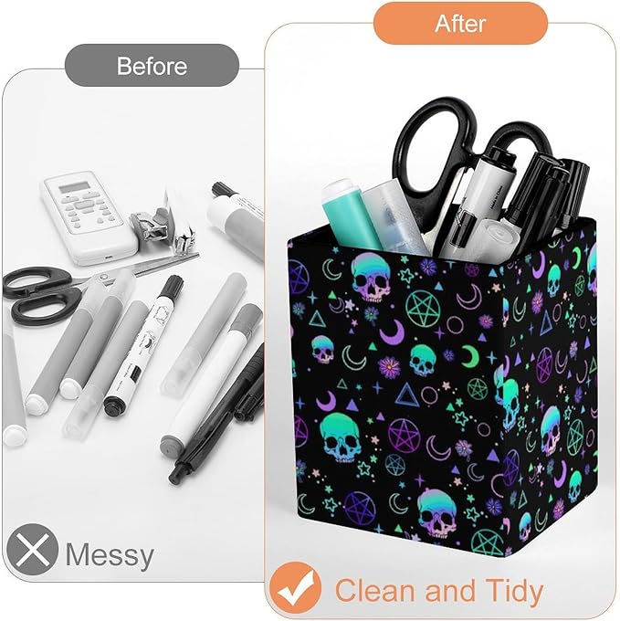 Square Pen Holder & Pencil Organizer for Desk - Office Storage Organizer, Markers/Makeup Brushes/Scissors Holder, Compact Desk Decor Accessories for Home Classroom School(Skull)