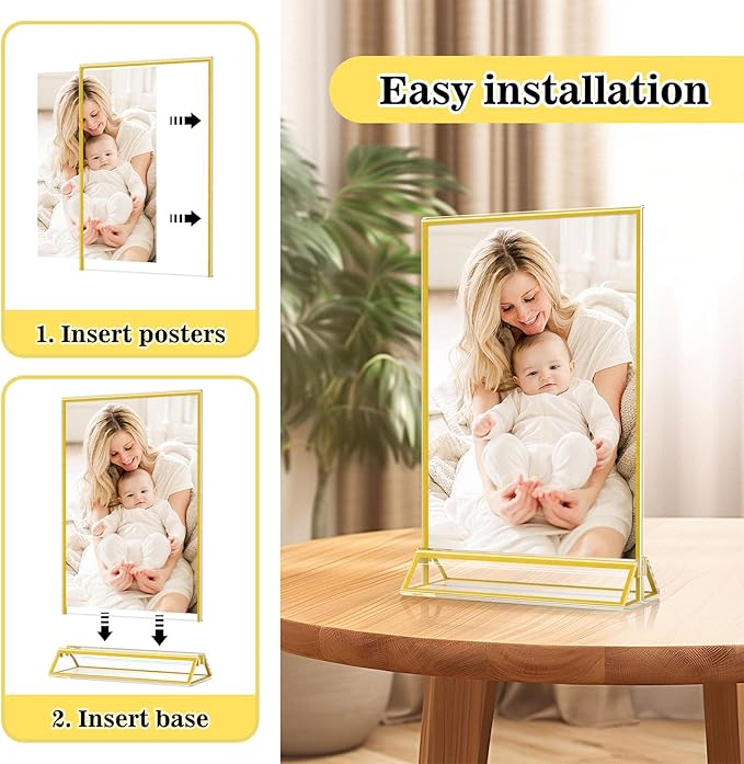 5 x 7 Acrylic Sign Holder - Double Sided Gold Picture Frame - Tabletop Display Menu Stand - Clear Plastic T Shape Vertical Paper Holders - 6 Pack