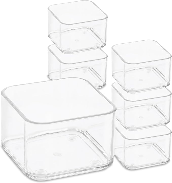 Plastic Clear Acrylic Drawer Organizers. Bathroom, Kitchen, Bedroom, Utensils, Office Organizer Bins, Storage Trays. Heavy Duty, Stackable. 3" x 3" x 2" Set of 6
