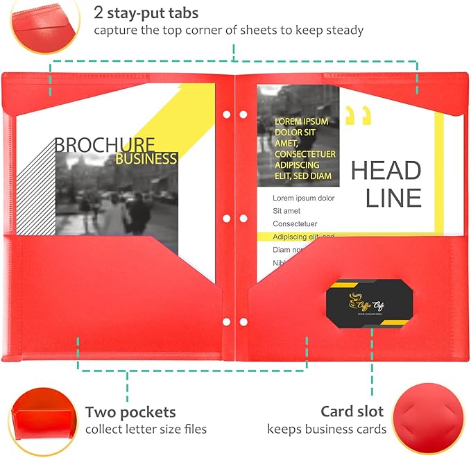 WOT I Heavy Duty Plastic Folders with Clear Front Pockets - 6 Pack, Extra Thick Folders with Pockets and Holes for Binders, Pocket Folders with Card Slot for Letter Size Paper Assorted Colors