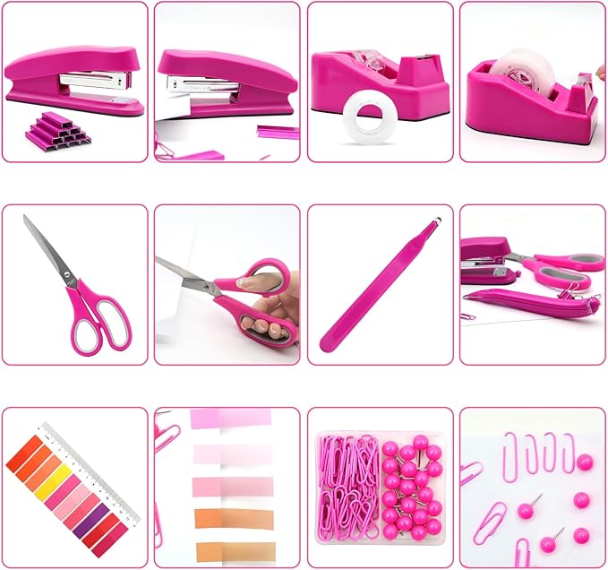 Hot Pink Desk Accessories Set - Stapler and Tape Dispenser Kit, Office Supplies Gift for Students, Women, Coworkers, Boss Lady, Office Clerks