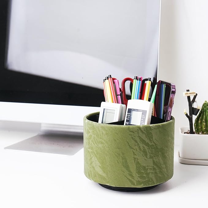 Hennaja Round Leather Art Supply Organizer,Remote Control Holder,360 Degree Spinning,Multi-Functional Pencil Holder,4 Compartments Desktop Stationary Organizer(1-Hill Green)