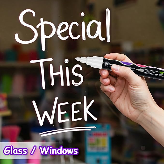 White Liquid Chalk Markers Set (8 Pack), 6mm Reversible Thick & Chisel Tip, Wet Erase Paint Pens for Non Porous Blackboard Chalkboard, Car Glass Windows, School Business Supplies