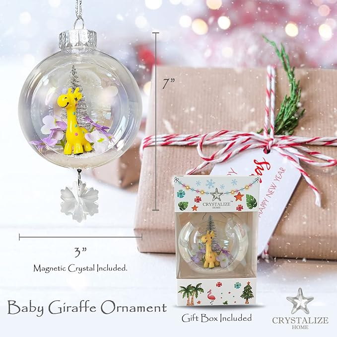 Baby Giraffe Christmas Ornament - Handmade Shatterproof Decorations for Indoor Outdoor Xmas Tree - Clear Ball Ornaments with Magnetic Crystal - Great Gift or Stocking Stuffer for Mom, Sister, Friend
