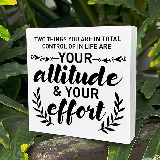 Inspirational Wooden Box Sign, Your Attitude & Your Effort, Motivational Home Office Desk Decor, Encouragement School Classroom Decoration, Positive Gifts for Women Men Coworkers Student