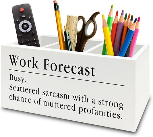 Funny Pen Pencil Holder Organizer for Desk, Funny Coworkers Gifts for Women, Office Humor Gifts, Work Forecast Wooden Box Sign for Home Office Desk Tabletop Decorations