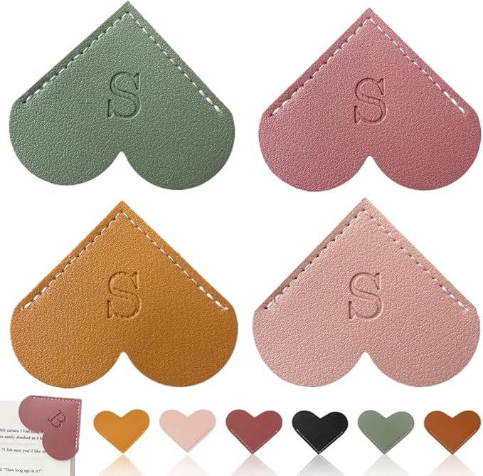 Personalized Leather Heart Bookmark, 26 Letters Customized Corner Book Mark for Reading Women, Book Marker with Initials，Cute Gifts (Light Pink+Deep Pink+Green+Light Brown, S)