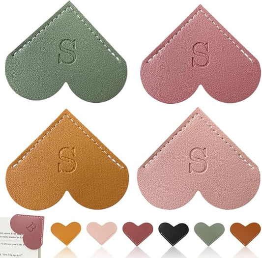 Personalized Leather Heart Bookmark, 26 Letters Customized Corner Book Mark for Reading Women, Book Marker with Initials，Cute Gifts (Light Pink+Deep Pink+Green+Light Brown, S)