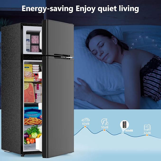 4.5 Cu.Ft Mini Fridge with Freezer, 2 Door Compact Refrigerator, Small Fridge with Adjustable Thermostat Energy Ultra Quiet, Mini Fridge Removable Glass Shelves for Bedroom Office Dorm Black