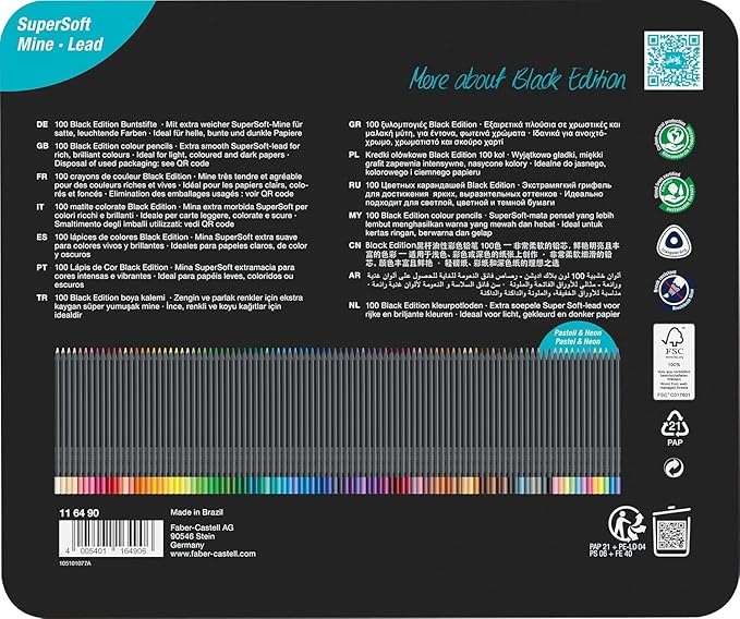 Faber-Castell Black Edition Colored Pencils Tin: Black Wood and Super Soft Core Lead, Art Colored Pencils for Adult Coloring, Teens, Kids and Beginners, Art Drawing Supplies (100 Count)