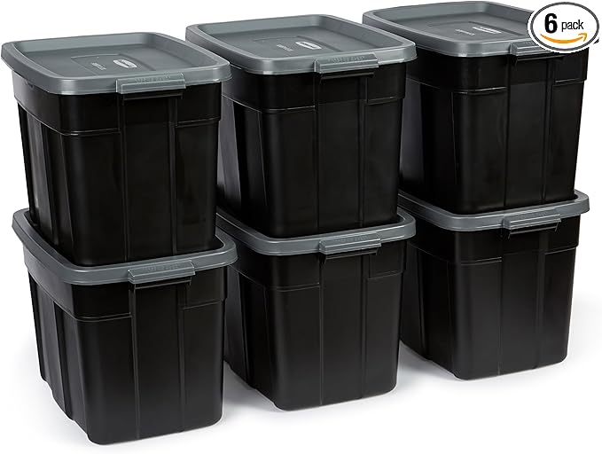 Rubbermaid 18 GAL 6 Pack Garage Storage Bins with Stackable Lid, Heavy Duty - Made in USA - Extreme Temperature Resistant, Durable Plastic Containers with Handles - Solid Black and Grey