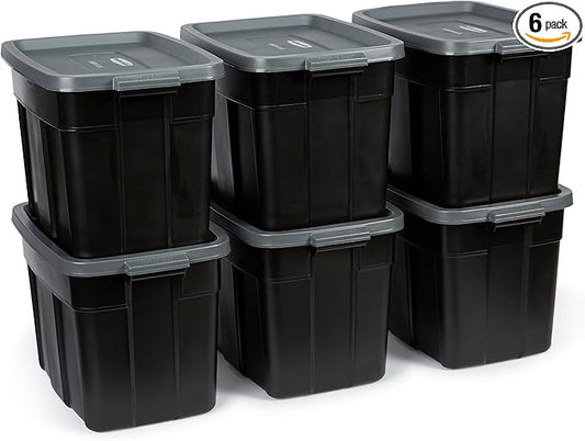 Rubbermaid 18 GAL 6 Pack Garage Storage Bins with Stackable Lid, Heavy Duty - Made in USA - Extreme Temperature Resistant, Durable Plastic Containers with Handles - Solid Black and Grey