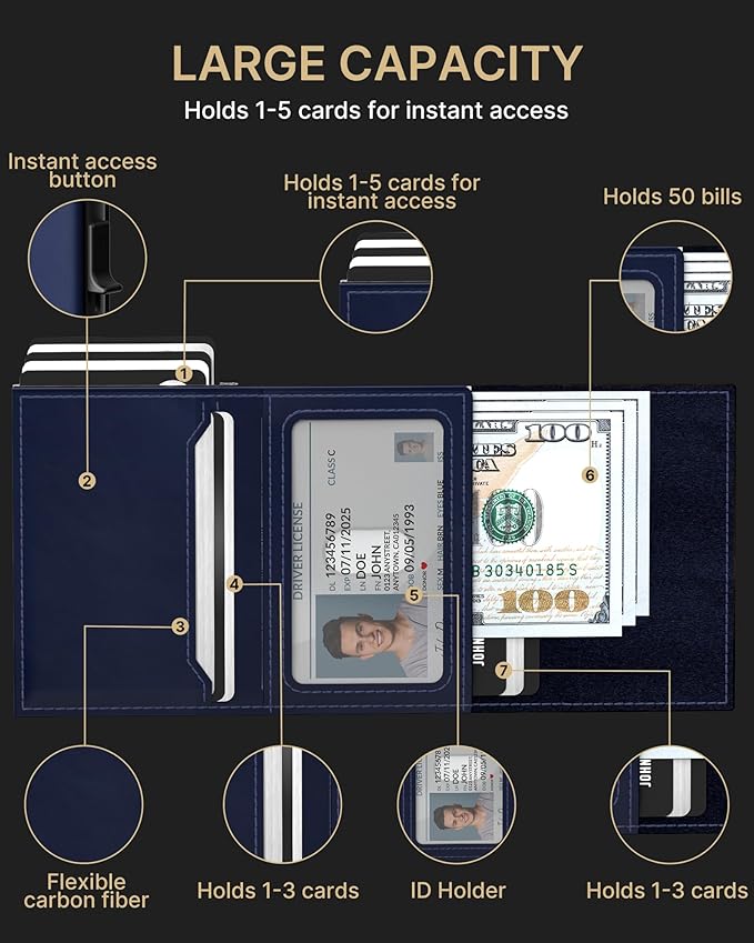 typecase Mens Wallet Card Holder: Pop Up Aluminum Case, Premium Genuine Leather, Smart, RFID Blocking, Slim, Minimalist, Front Pocket - 9-14 Card Capacity | ID Window | Cash Slot (Navy)