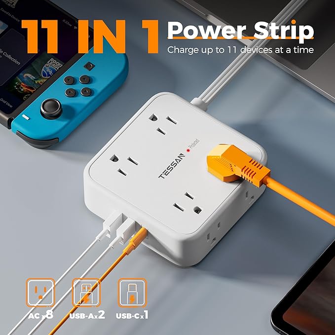 Surge Protector Power Strip, TESSAN 15 FT White Extension Cord Flat Plug with 8 AC Outlets 3 USB Ports (1 USB C), 900J Surge Protection, 3 Sided Wall Mountable Outlet Extender for Office Dorm Room