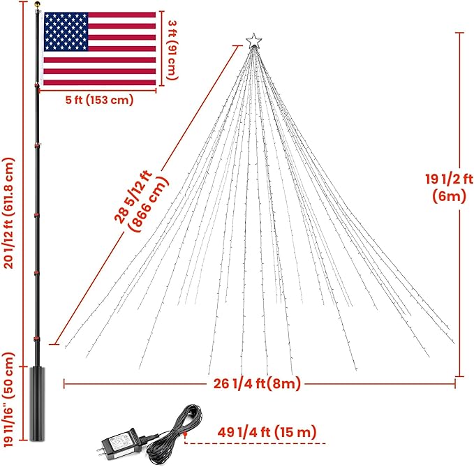 Yescom 4840 LED 20Ft Flag Pole Christmas Tree Light Kit 120V Giant-Sized Outdoor Decoration Event with Star Top 28 String Telescopic for Holiday Display Yard Commercial Carnival Lighting in Park
